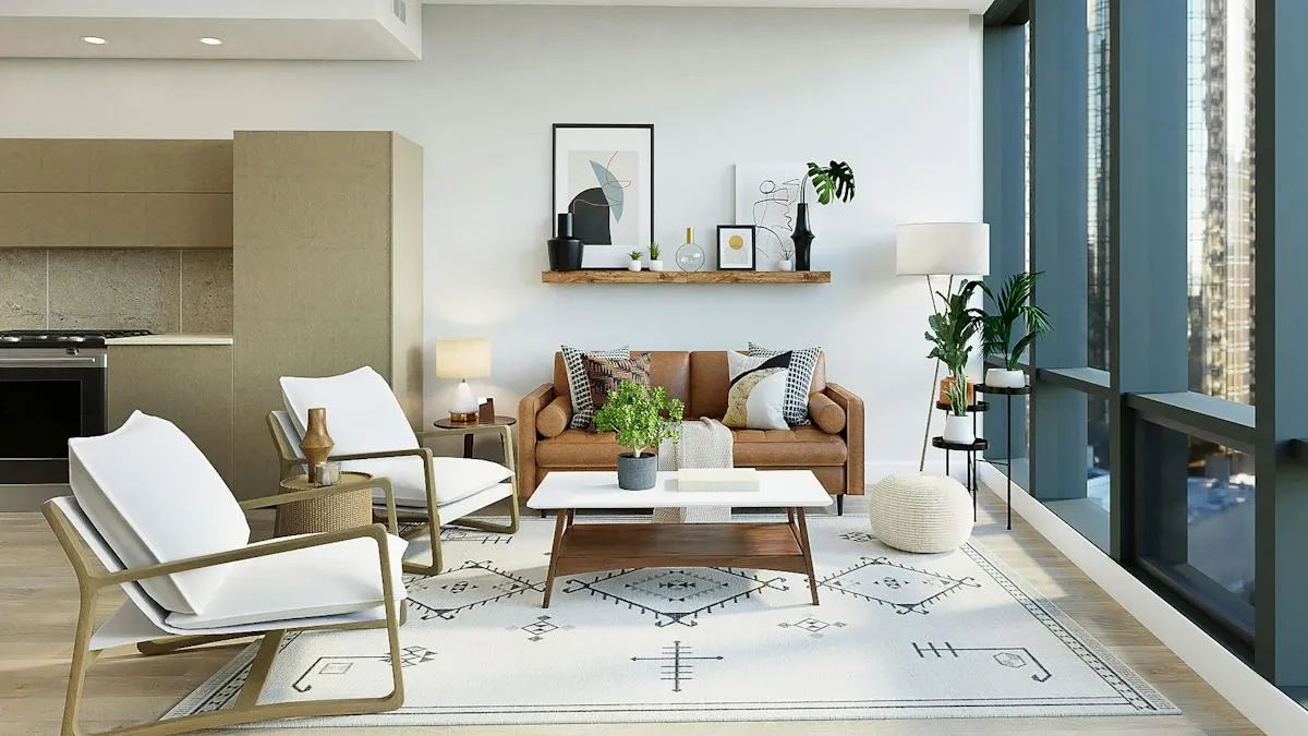 Helles Wohnzimmer mit modernen Möbeln und Pflanzen
