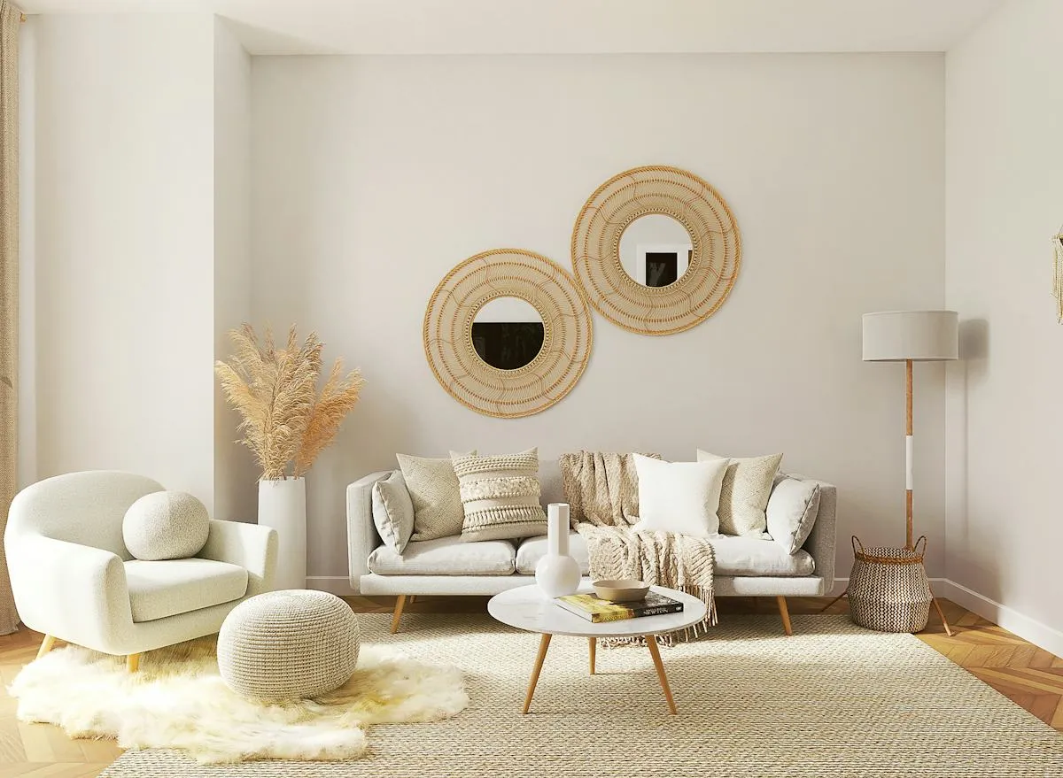 Helles Wohnzimmer mit hellem Sofa und runden Wandspiegeln